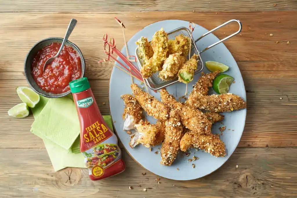 Avocado Fries und Chicken-Fingers in Knusper-Panierung mit Cornflakes und Popcorn