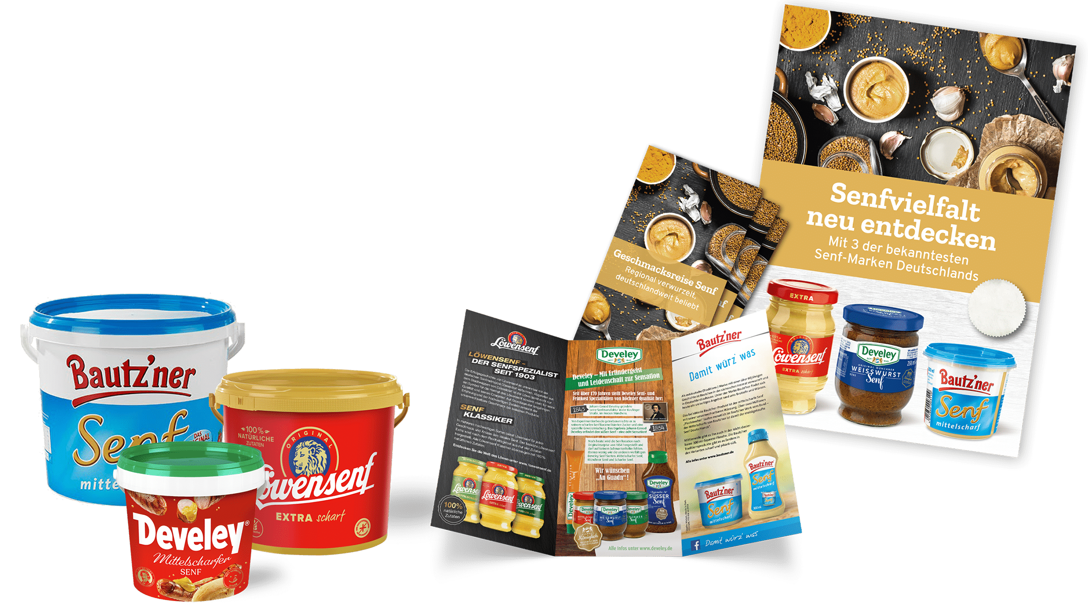 Develey-Geschmacksreise-Senf-Paket-2025-version links drei verschiedene Senfsorten, rechts Broschüren