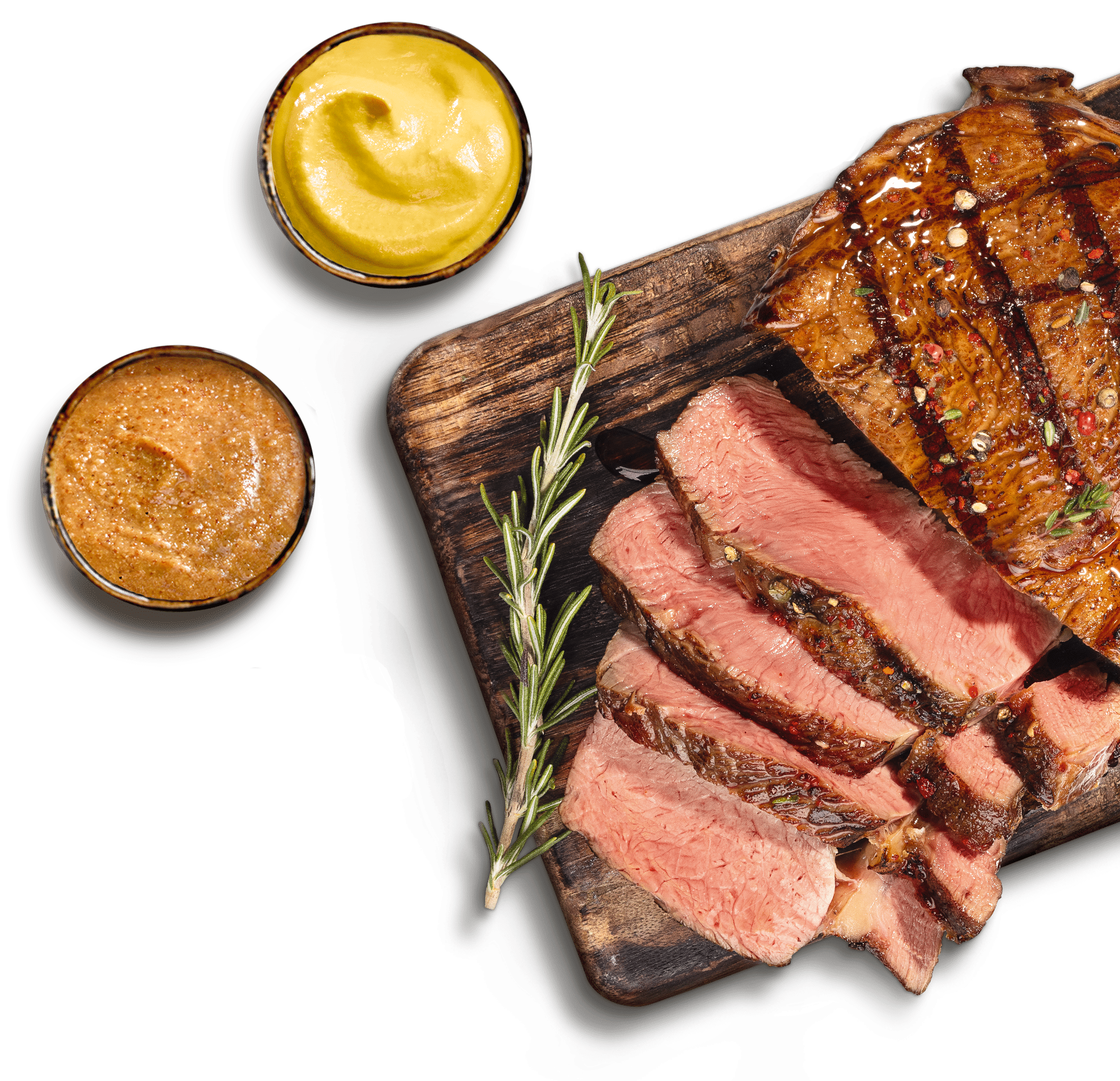 Abbildung süßer und mittelscharfer Senf und ein geschnittenes Steak